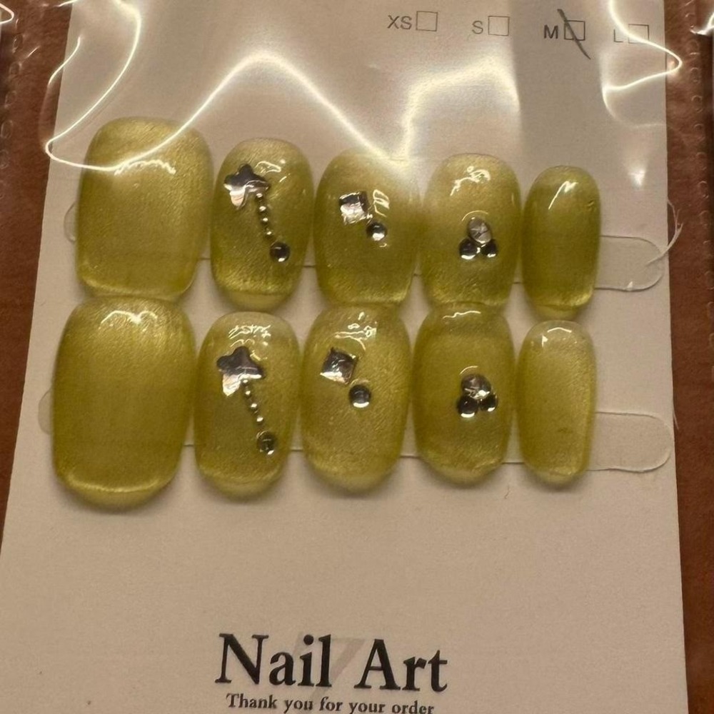 Yellow Press On Nails‎ Rhinestone Embellished Manicure Nail Art